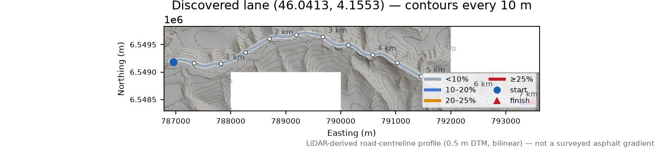 Discovered lane (46.0413, 4.1553) LiDAR hillshade map with contours