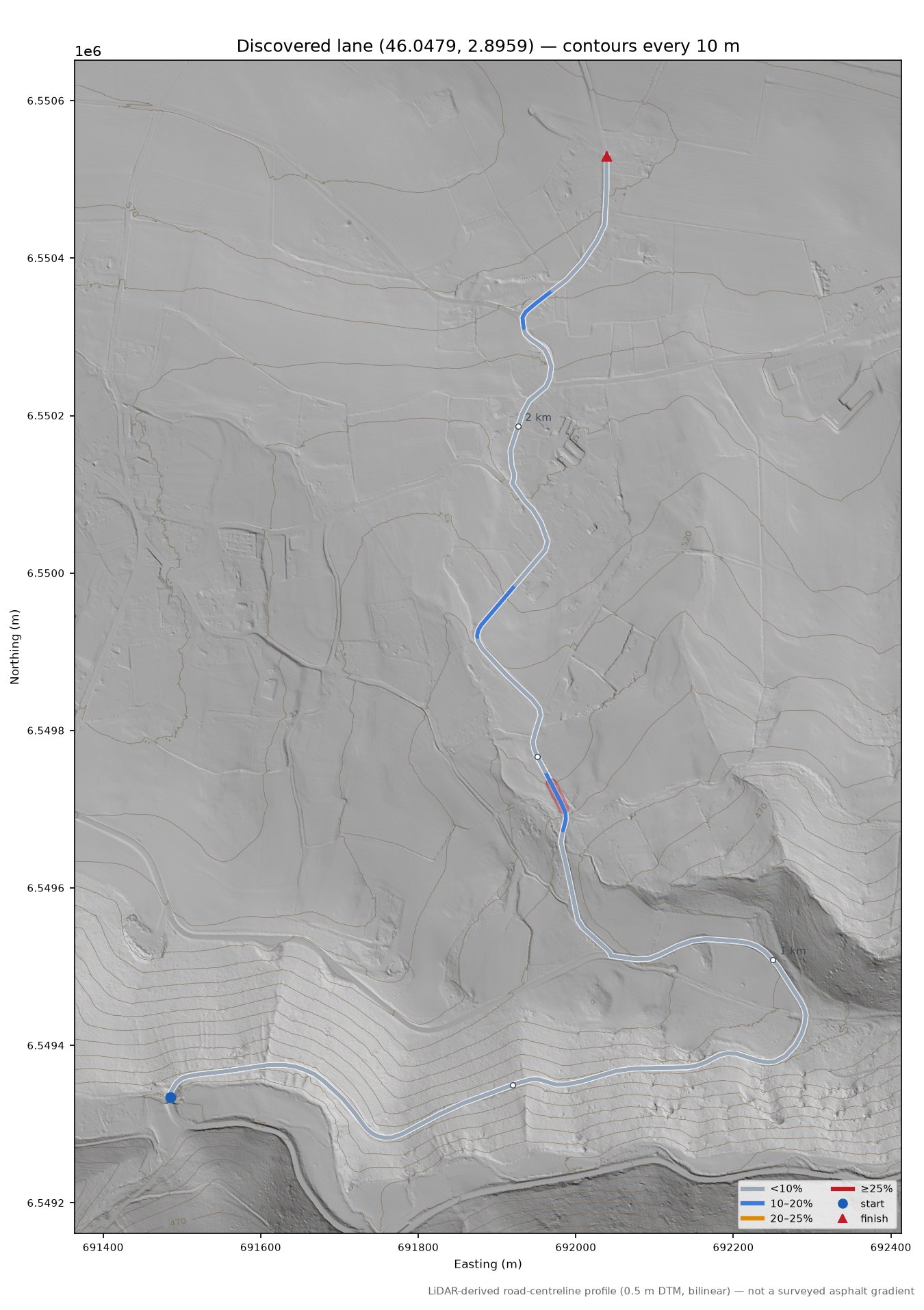 Discovered lane (46.0479, 2.8959) LiDAR hillshade map with contours