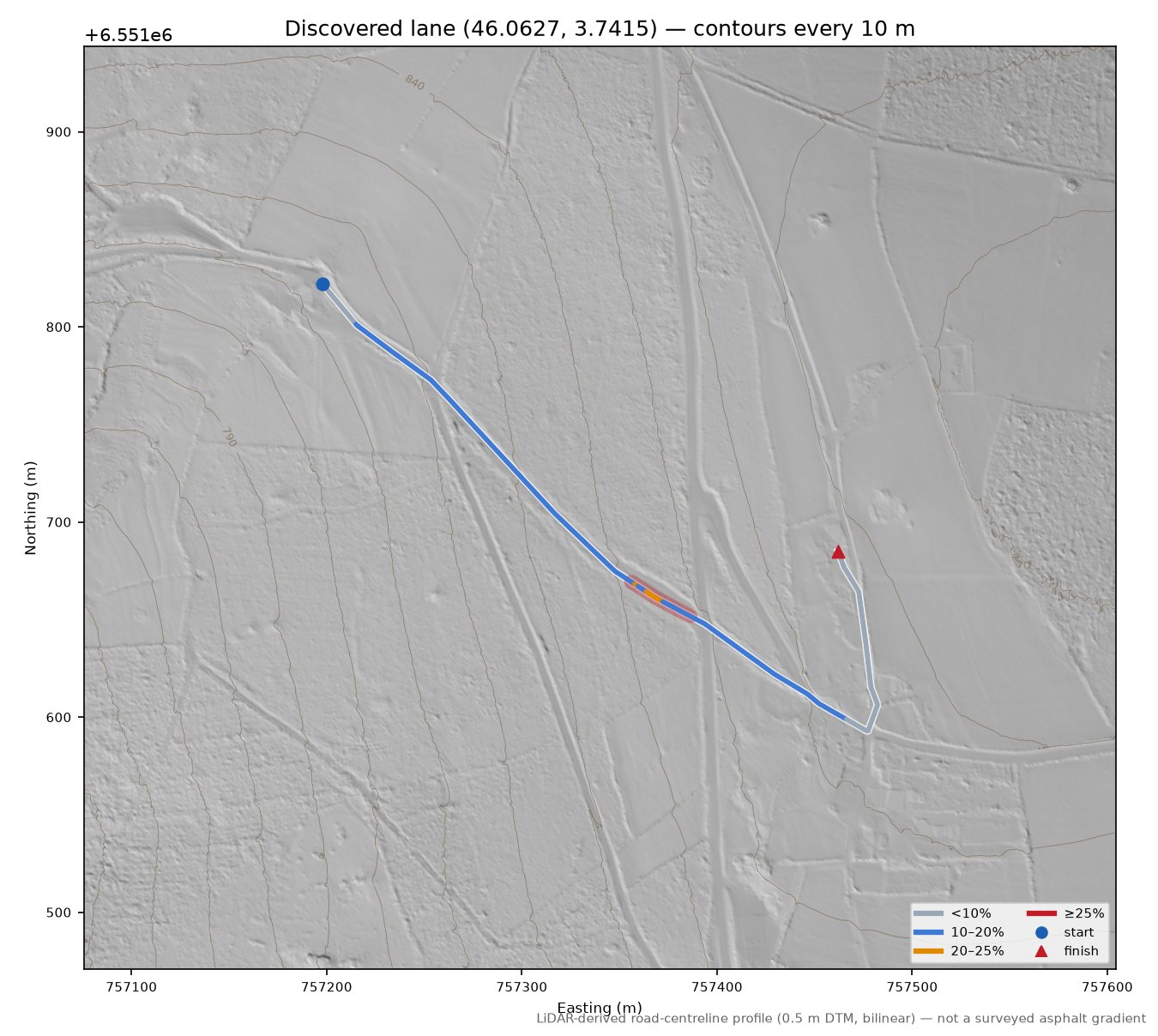 Discovered lane (46.0627, 3.7415) LiDAR hillshade map with contours