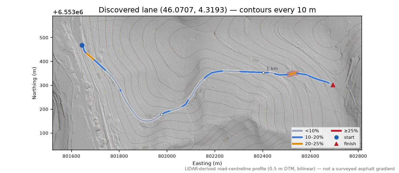 Discovered lane (46.0707, 4.3193) LiDAR hillshade map with contours