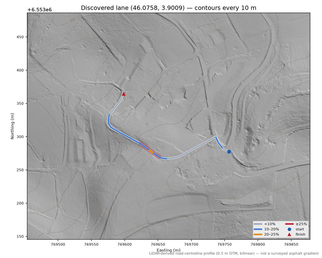 Discovered lane (46.0758, 3.9009) LiDAR hillshade map with contours