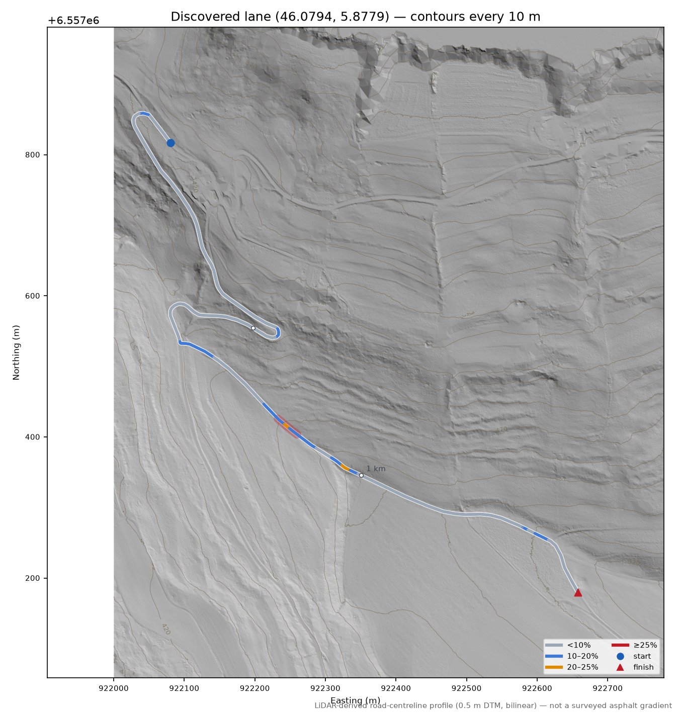 Discovered lane (46.0794, 5.8779) LiDAR hillshade map with contours