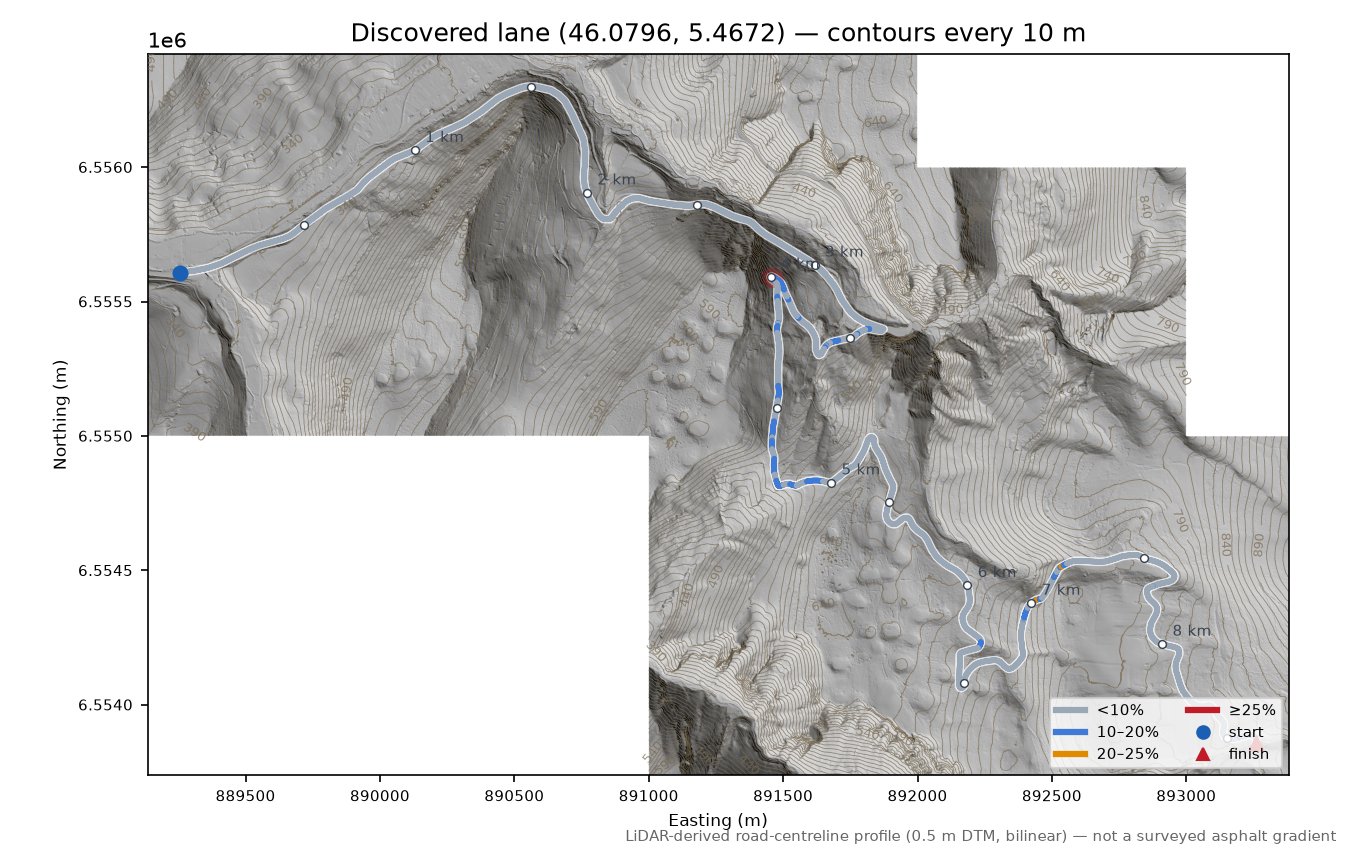 Discovered lane (46.0796, 5.4672) LiDAR hillshade map with contours