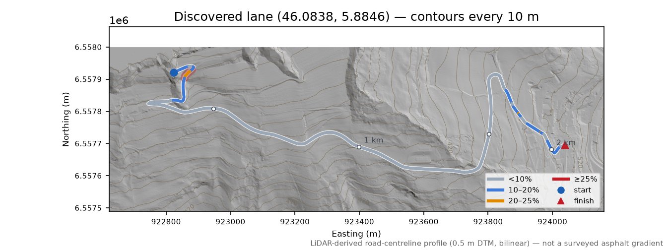 Discovered lane (46.0838, 5.8846) LiDAR hillshade map with contours