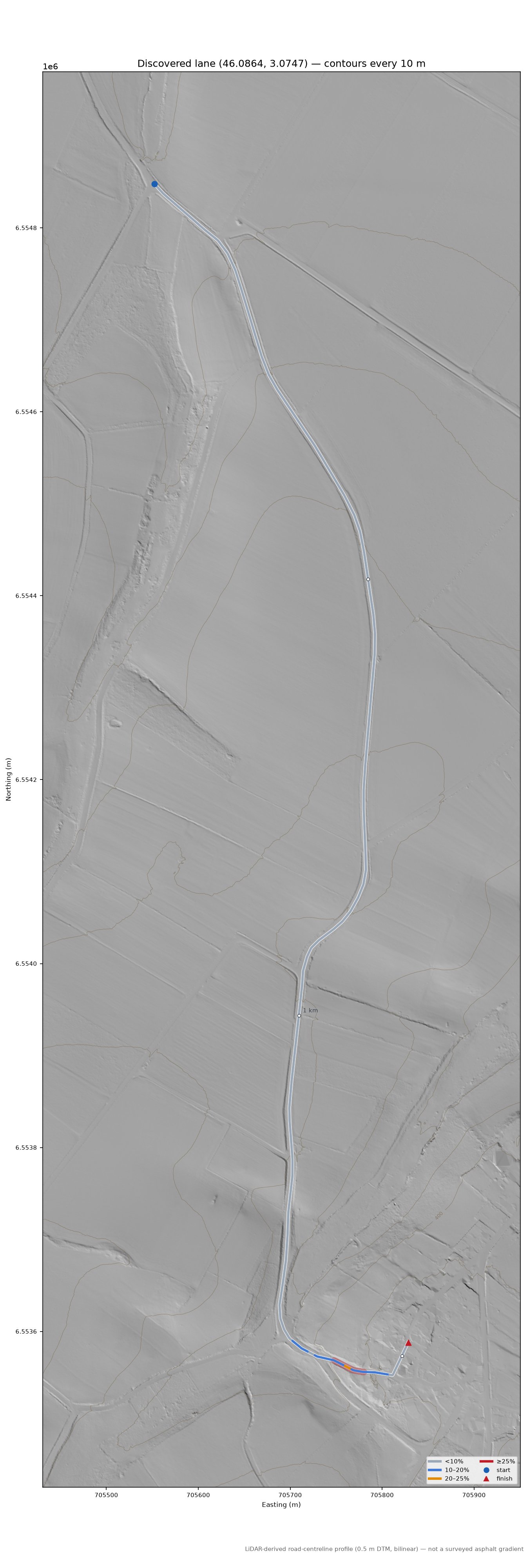 Discovered lane (46.0864, 3.0747) LiDAR hillshade map with contours