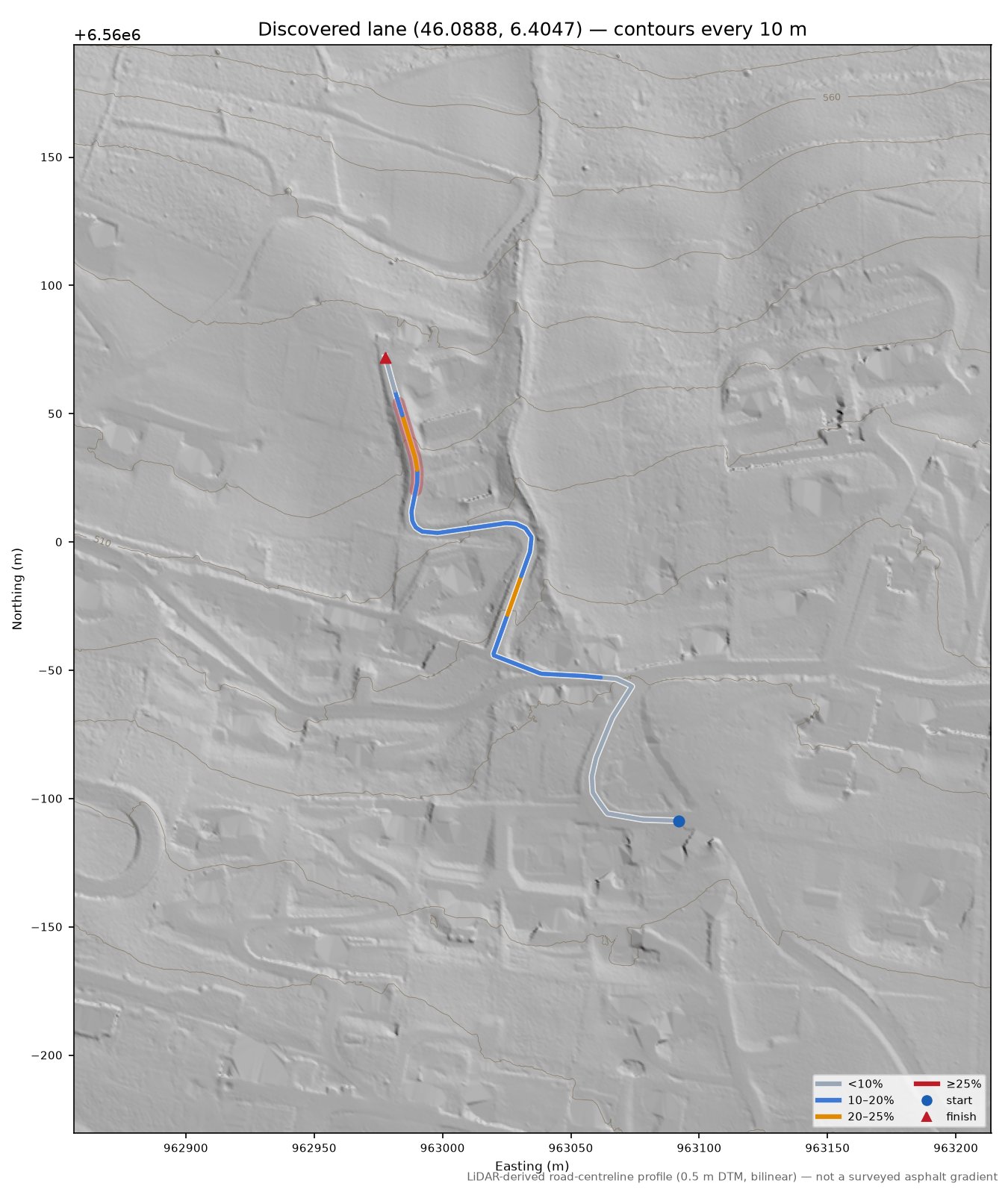 Discovered lane (46.0888, 6.4047) LiDAR hillshade map with contours
