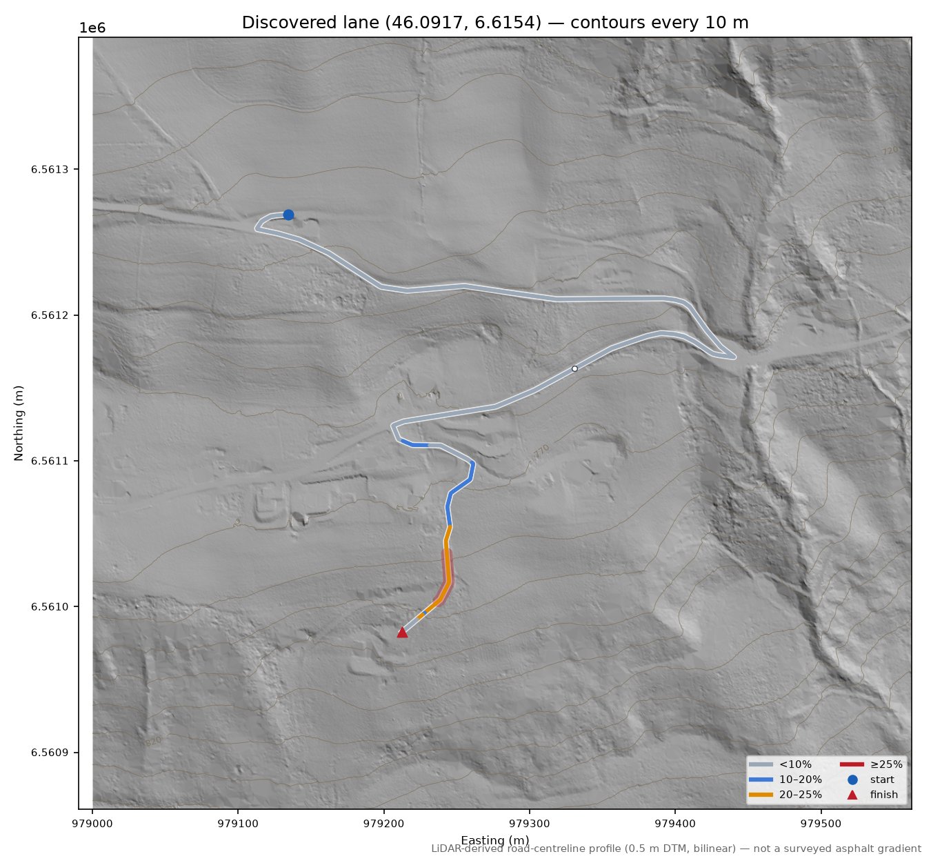 Discovered lane (46.0917, 6.6154) LiDAR hillshade map with contours