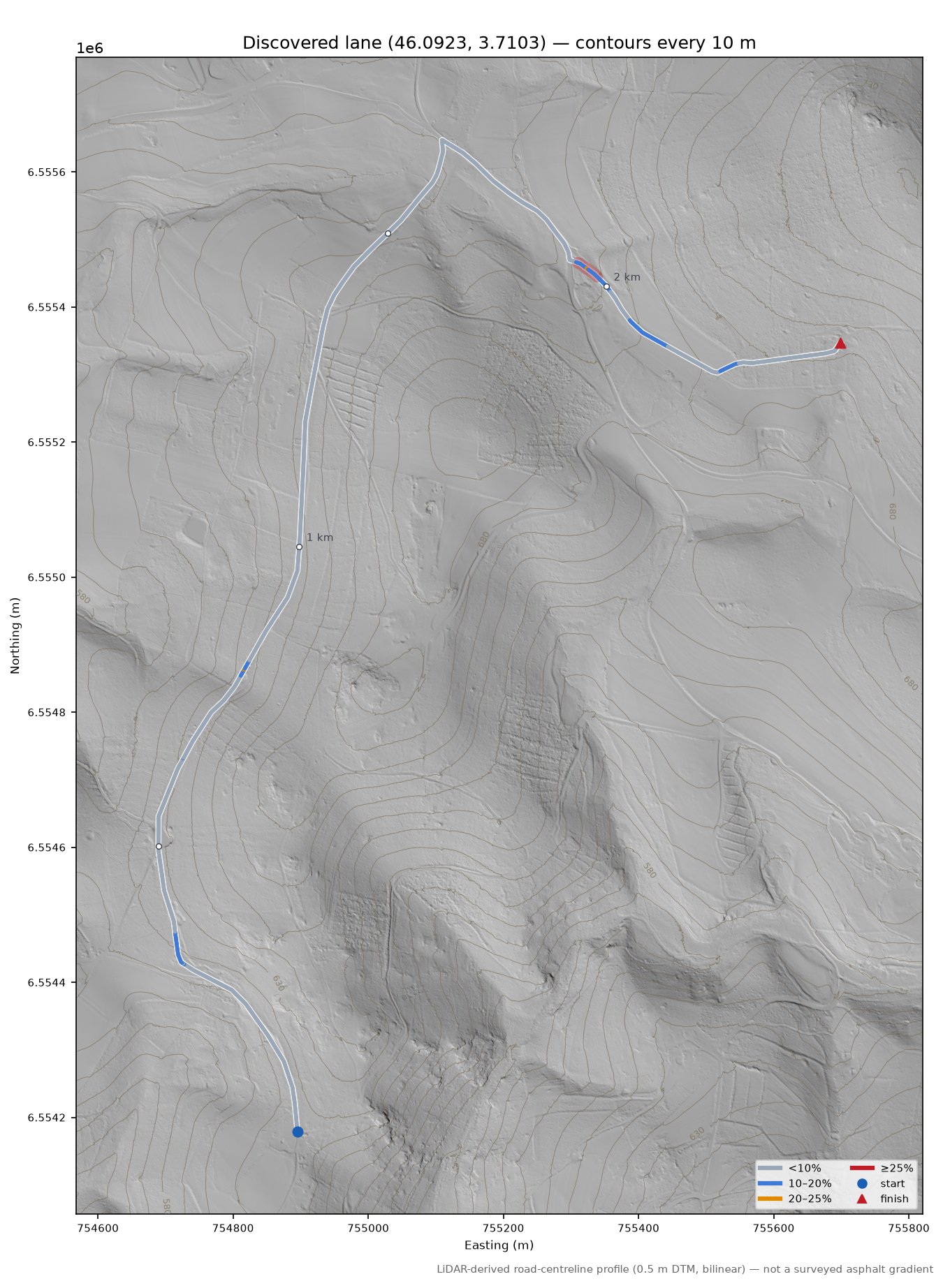 Discovered lane (46.0923, 3.7103) LiDAR hillshade map with contours
