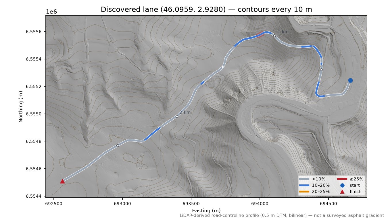 Discovered lane (46.0959, 2.9280) LiDAR hillshade map with contours
