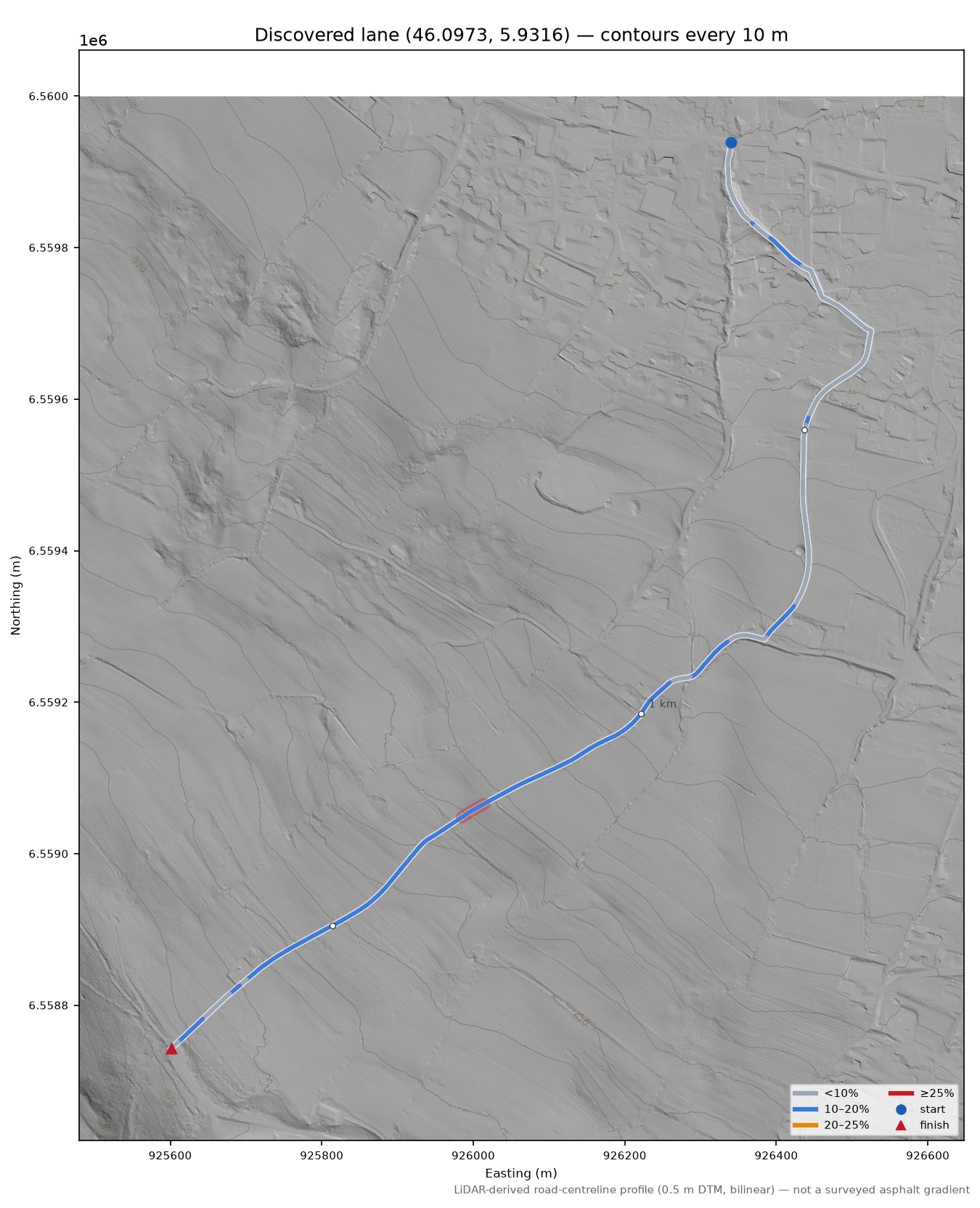 Discovered lane (46.0973, 5.9316) LiDAR hillshade map with contours