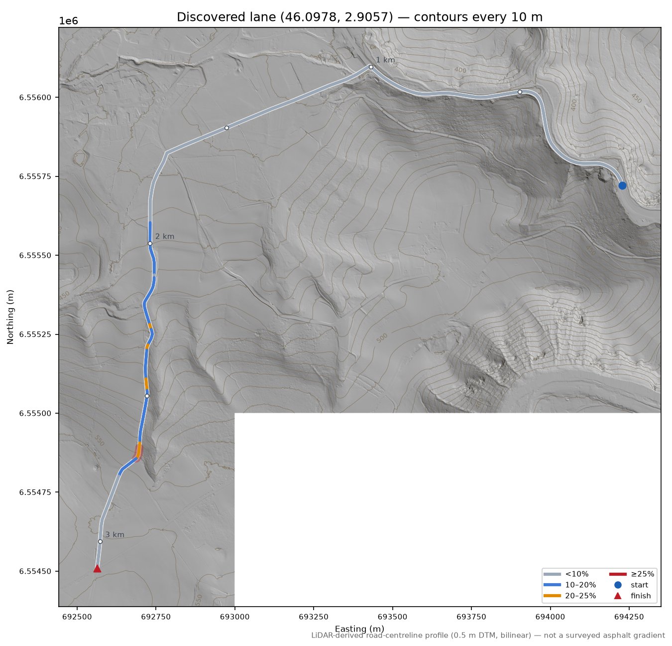 Discovered lane (46.0978, 2.9057) LiDAR hillshade map with contours