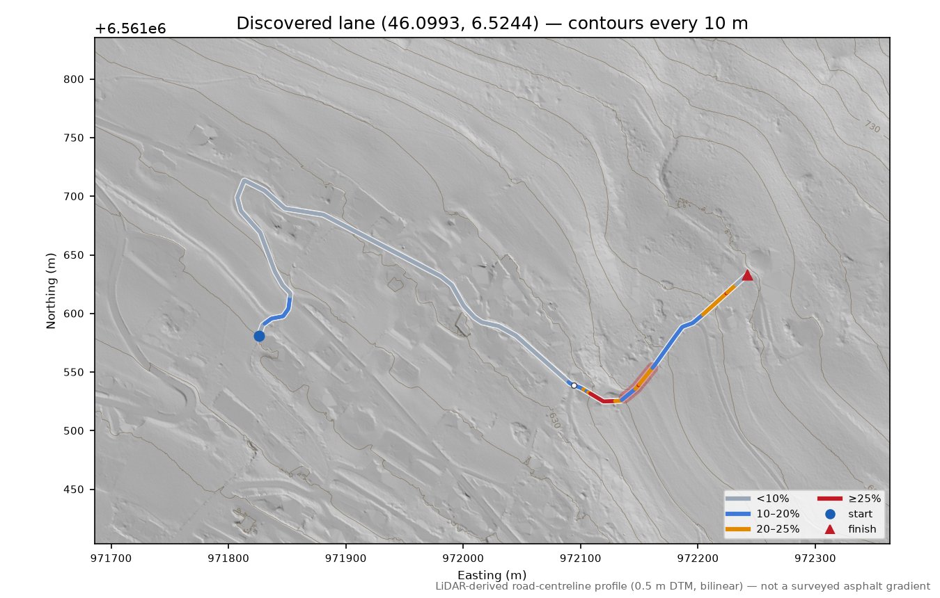Discovered lane (46.0993, 6.5244) LiDAR hillshade map with contours