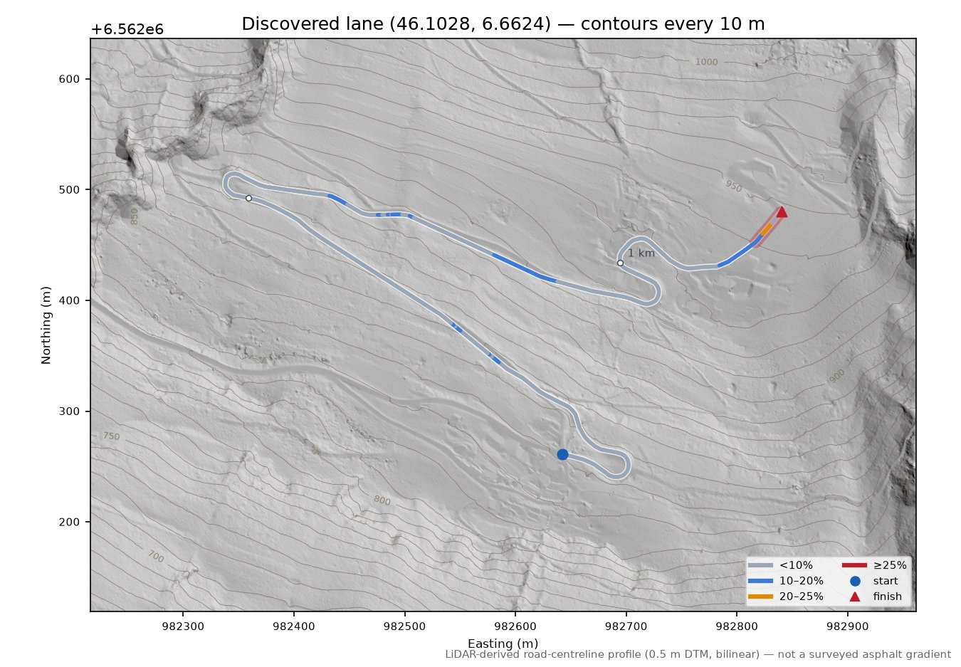 Discovered lane (46.1028, 6.6624) LiDAR hillshade map with contours