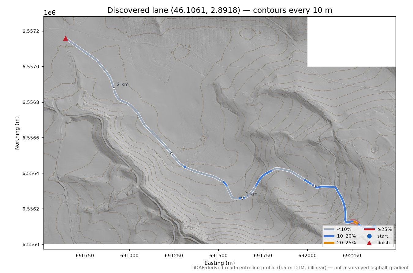 Discovered lane (46.1061, 2.8918) LiDAR hillshade map with contours