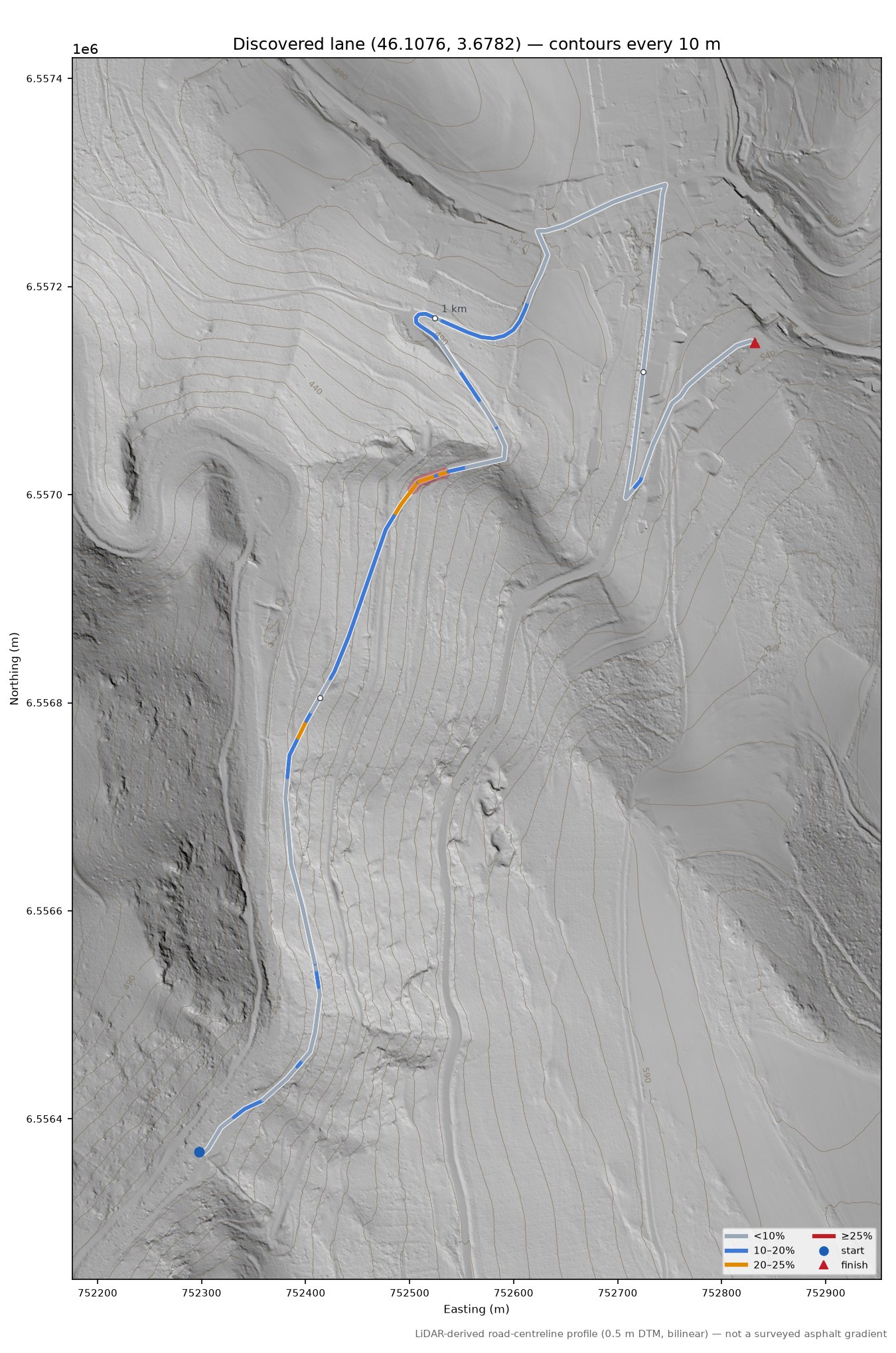 Discovered lane (46.1076, 3.6782) LiDAR hillshade map with contours