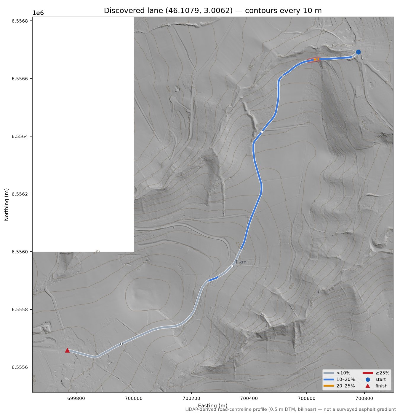 Discovered lane (46.1079, 3.0062) LiDAR hillshade map with contours