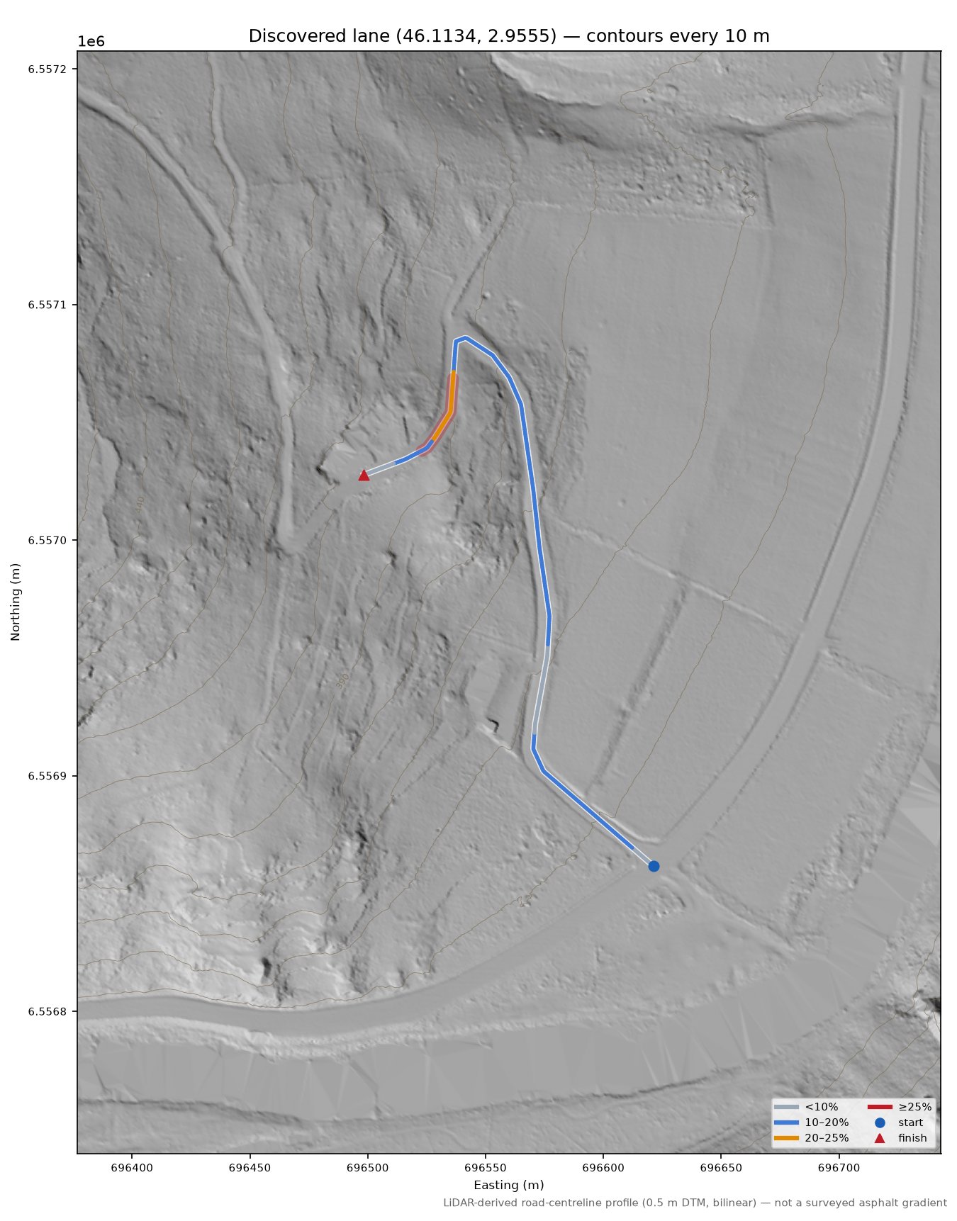 Discovered lane (46.1134, 2.9555) LiDAR hillshade map with contours
