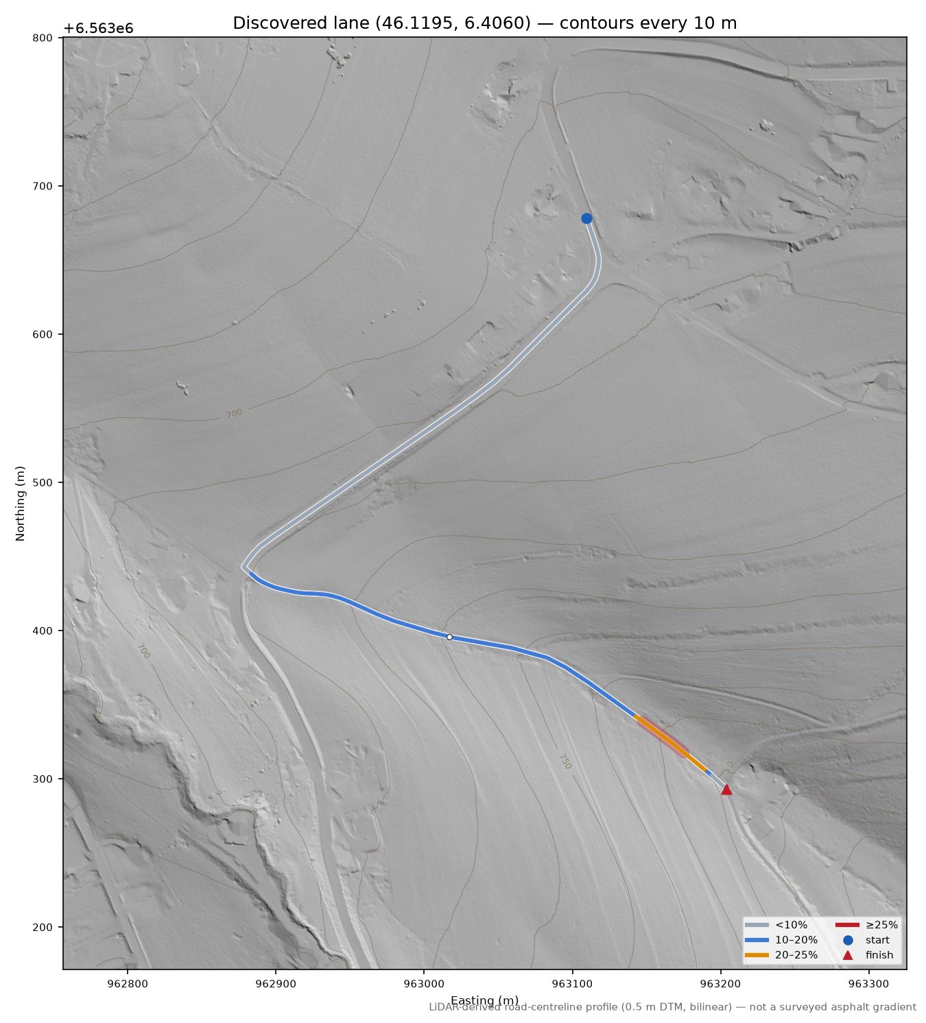 Discovered lane (46.1195, 6.4060) LiDAR hillshade map with contours