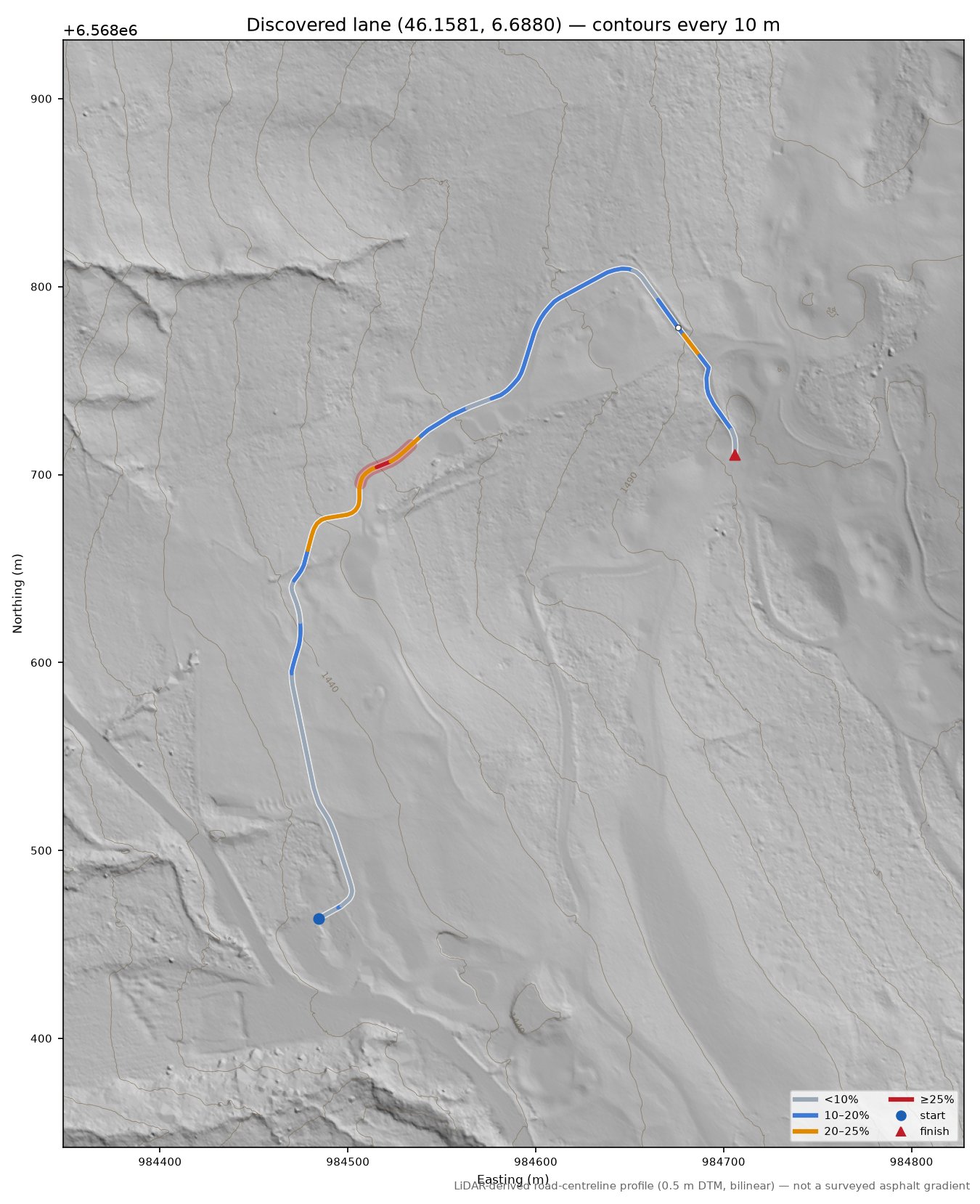 Discovered lane (46.1581, 6.6880) LiDAR hillshade map with contours