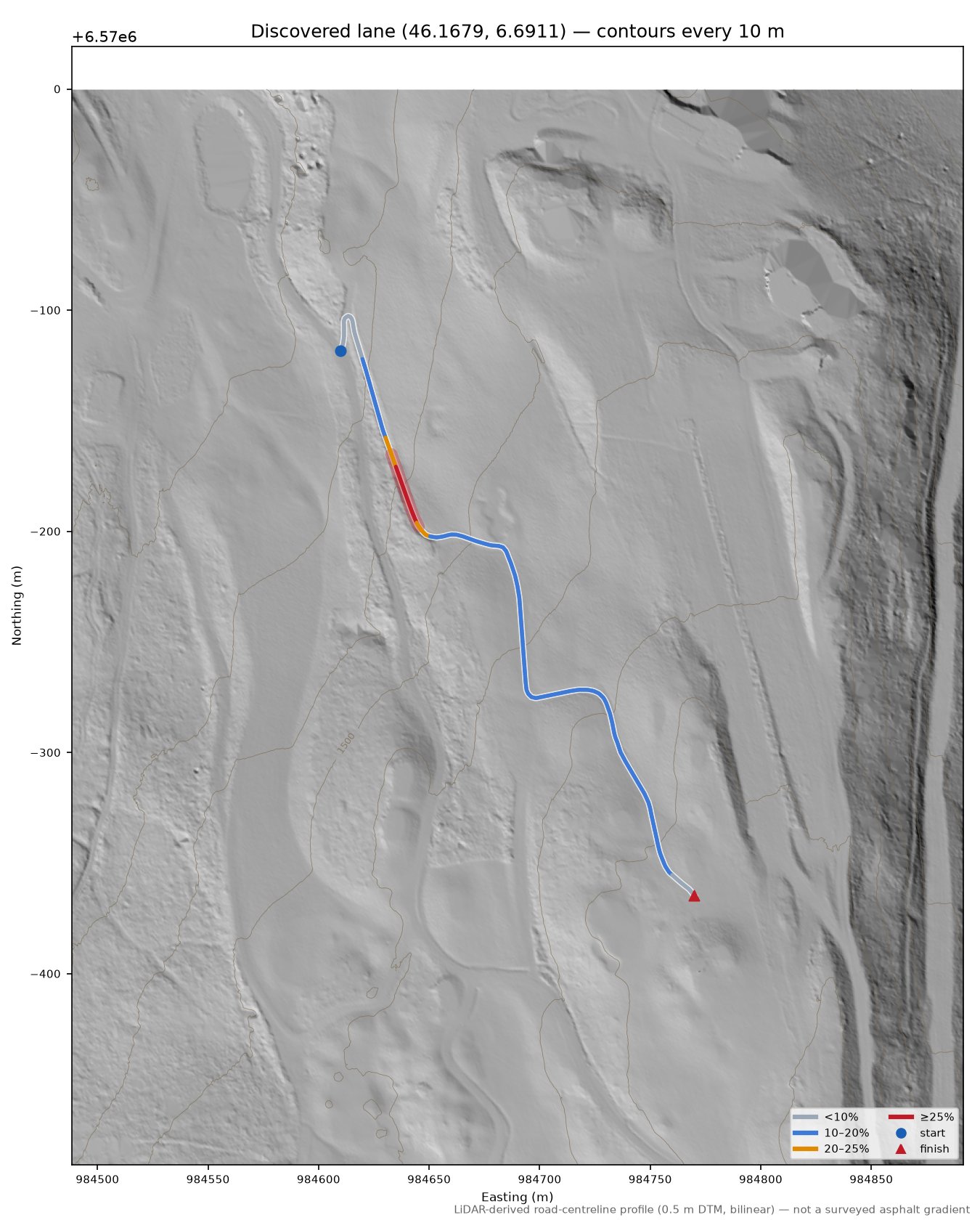 Discovered lane (46.1679, 6.6911) LiDAR hillshade map with contours