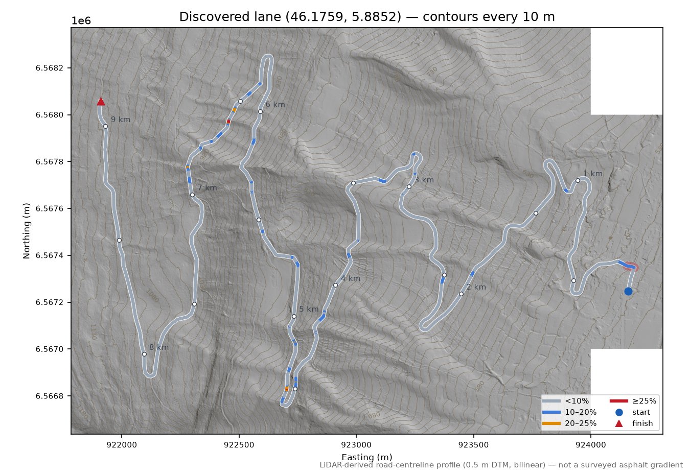 Discovered lane (46.1759, 5.8852) LiDAR hillshade map with contours
