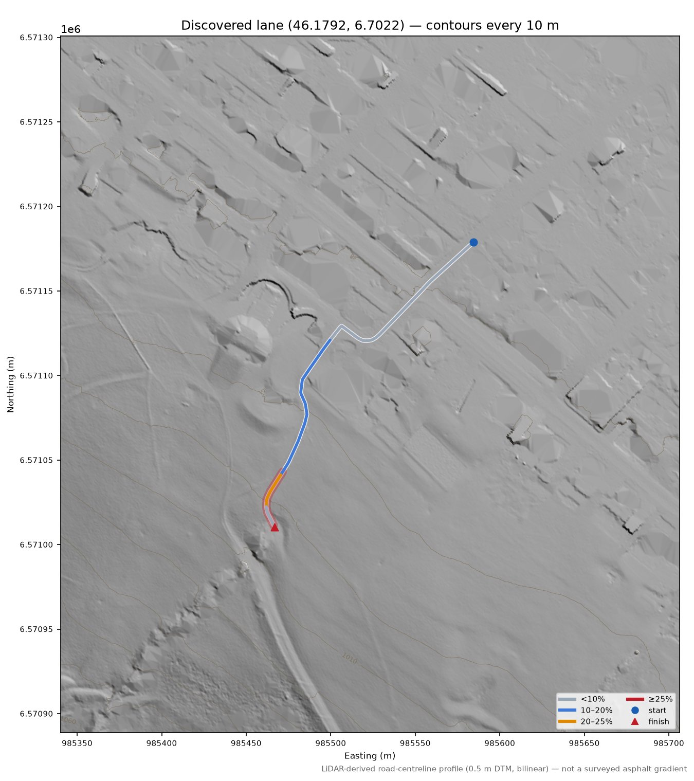 Discovered lane (46.1792, 6.7022) LiDAR hillshade map with contours