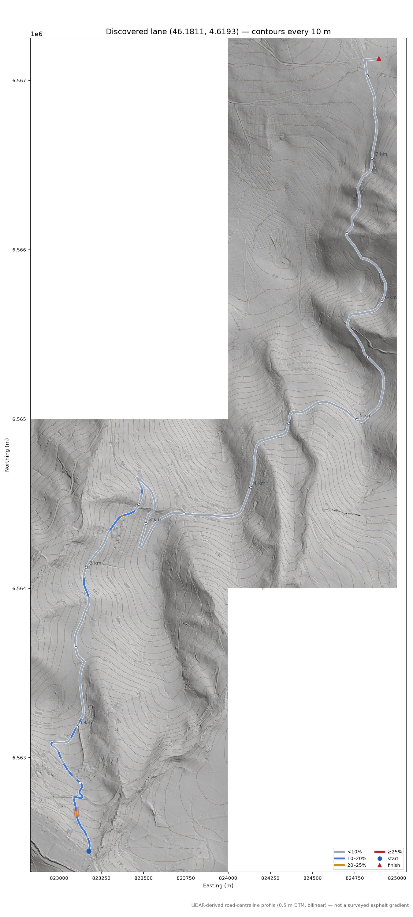 Discovered lane (46.1811, 4.6193) LiDAR hillshade map with contours
