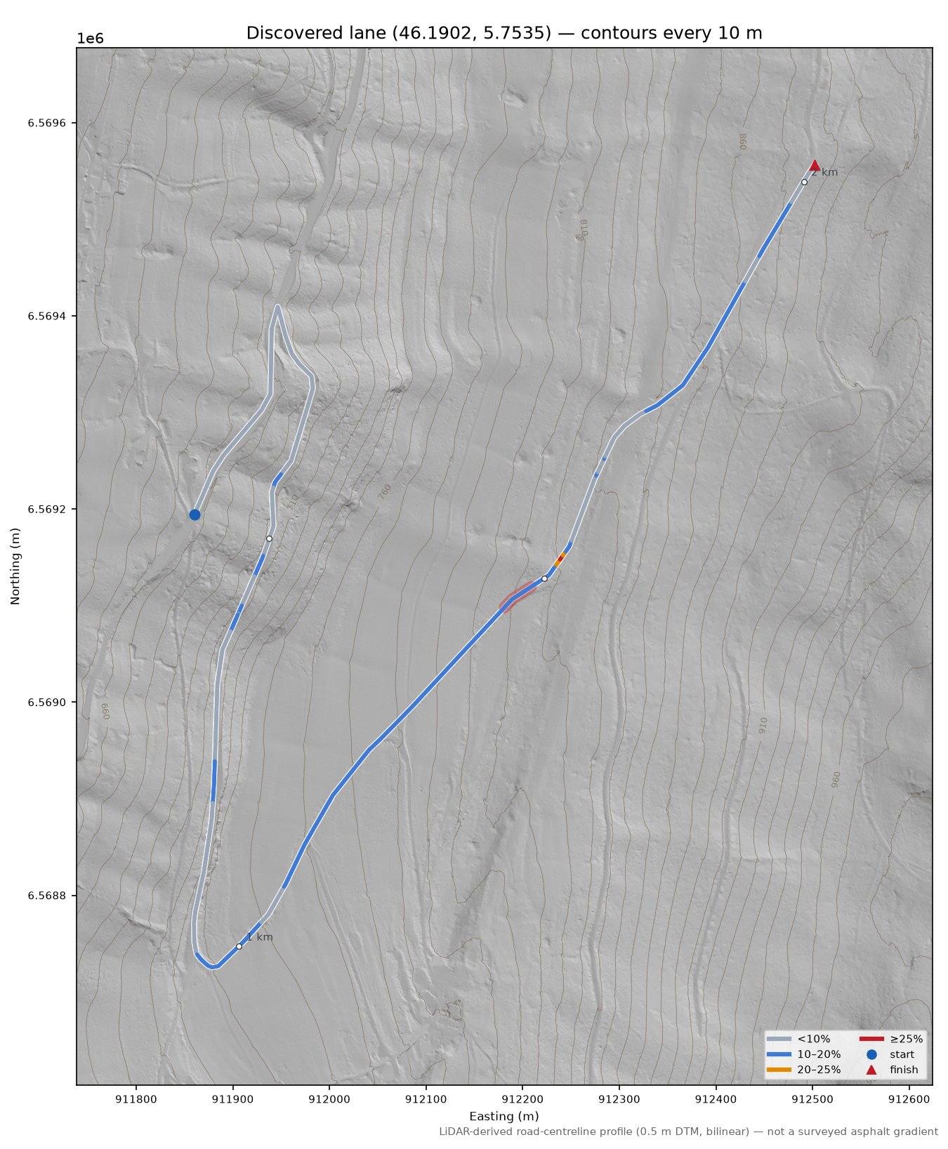 Discovered lane (46.1902, 5.7535) LiDAR hillshade map with contours