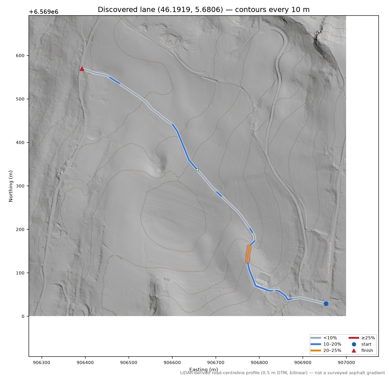 Discovered lane (46.1919, 5.6806) LiDAR hillshade map with contours