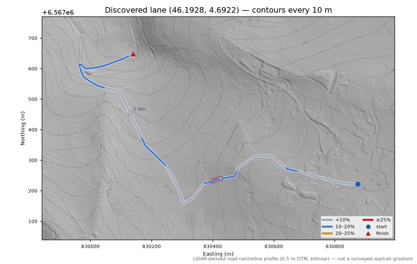 Discovered lane (46.1928, 4.6922) LiDAR hillshade map with contours