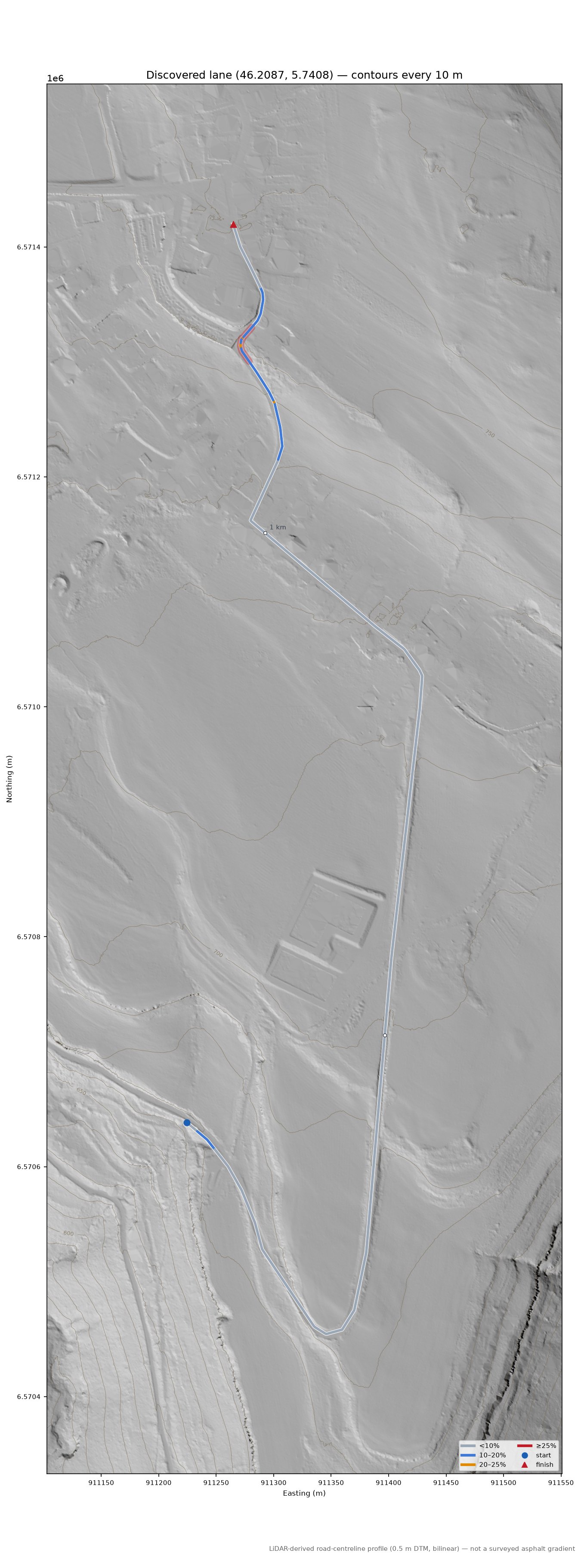 Discovered lane (46.2087, 5.7408) LiDAR hillshade map with contours