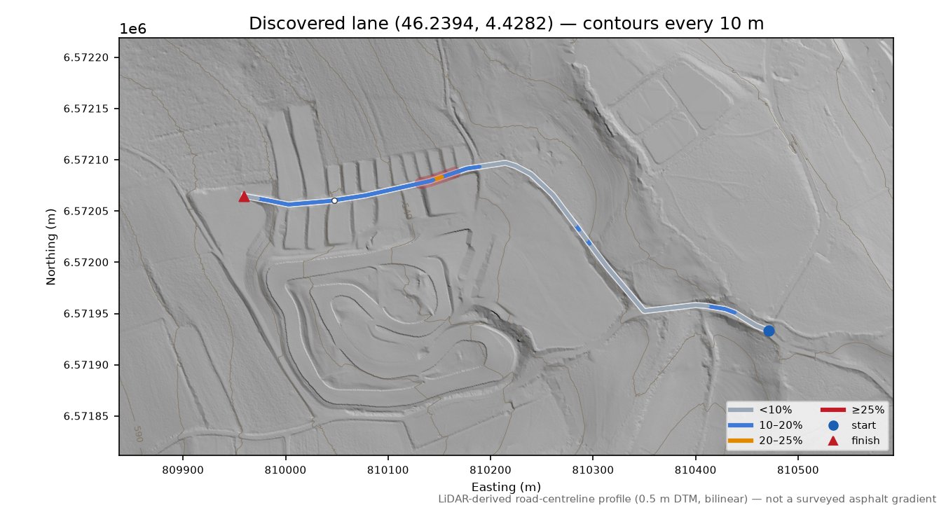 Discovered lane (46.2394, 4.4282) LiDAR hillshade map with contours
