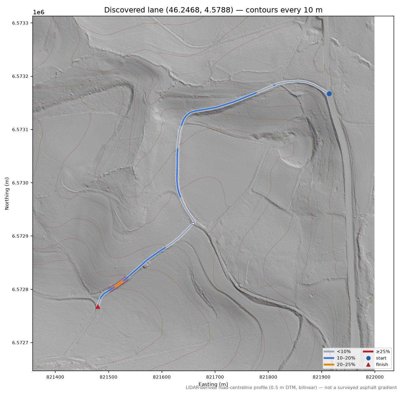 Discovered lane (46.2468, 4.5788) LiDAR hillshade map with contours