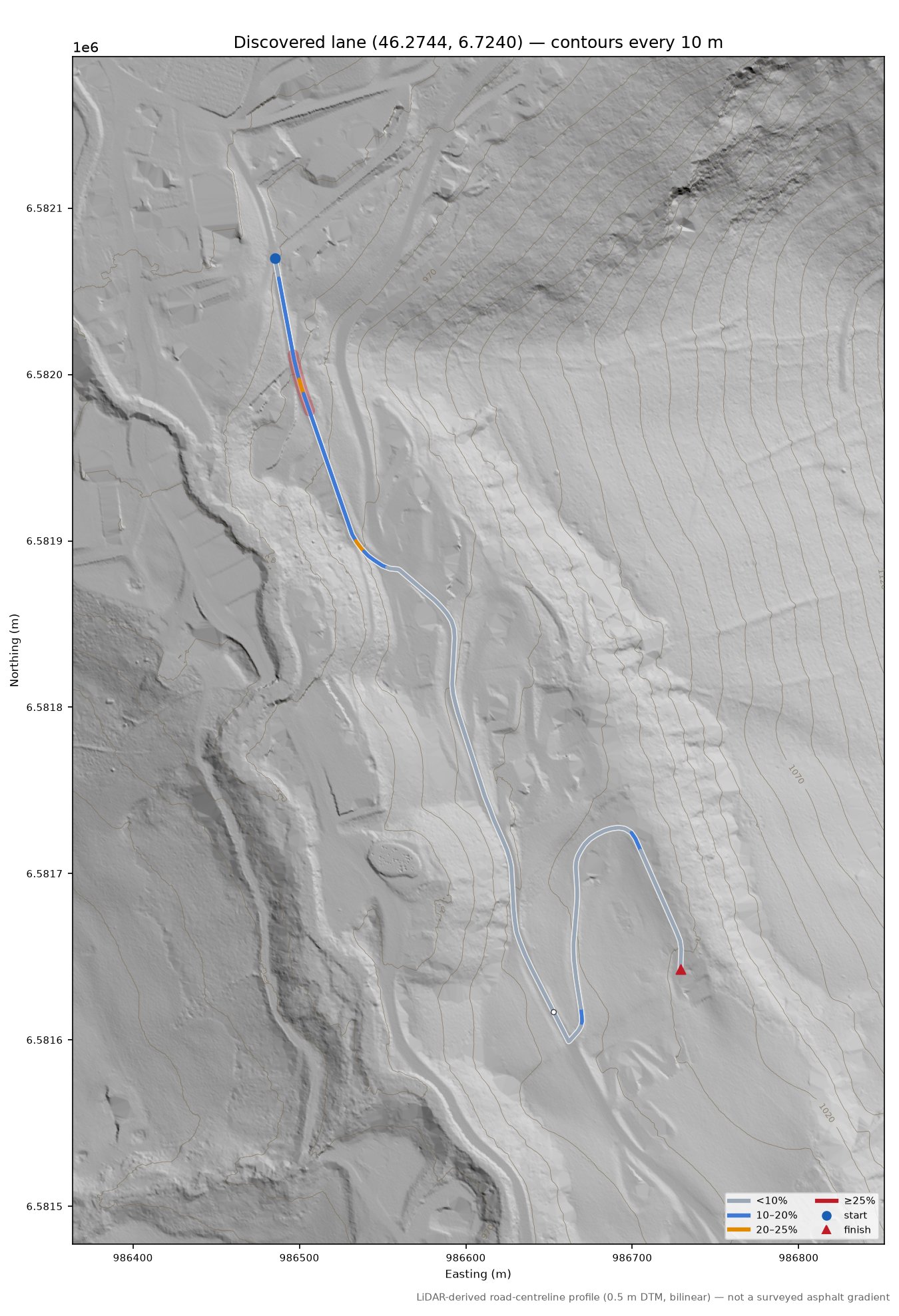 Discovered lane (46.2744, 6.7240) LiDAR hillshade map with contours