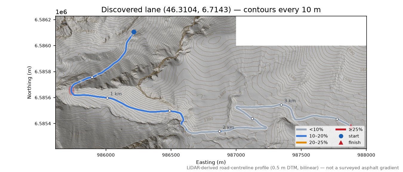 Discovered lane (46.3104, 6.7143) LiDAR hillshade map with contours