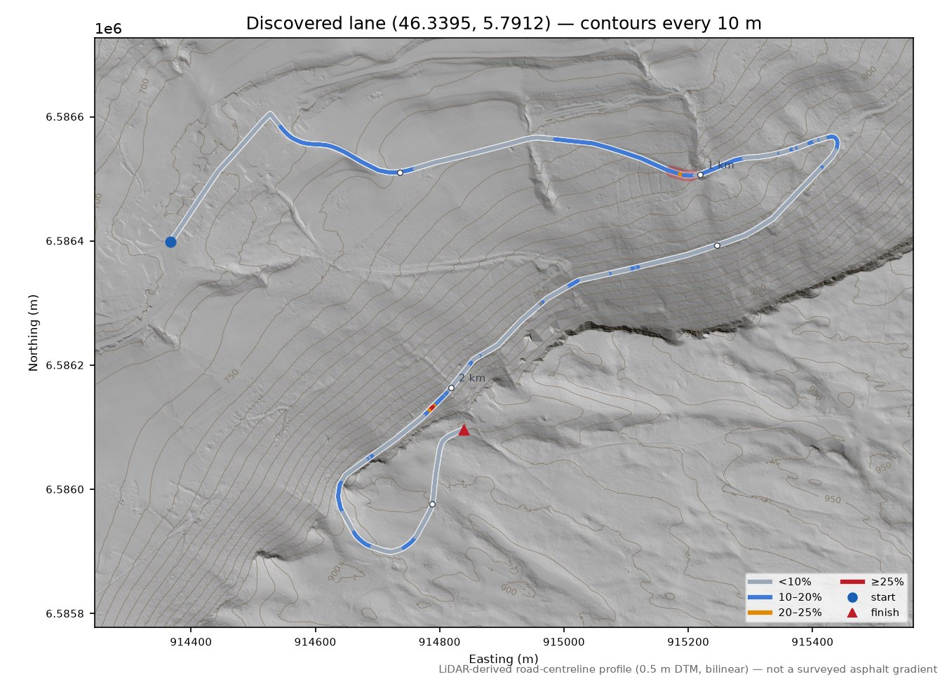 Discovered lane (46.3395, 5.7912) LiDAR hillshade map with contours