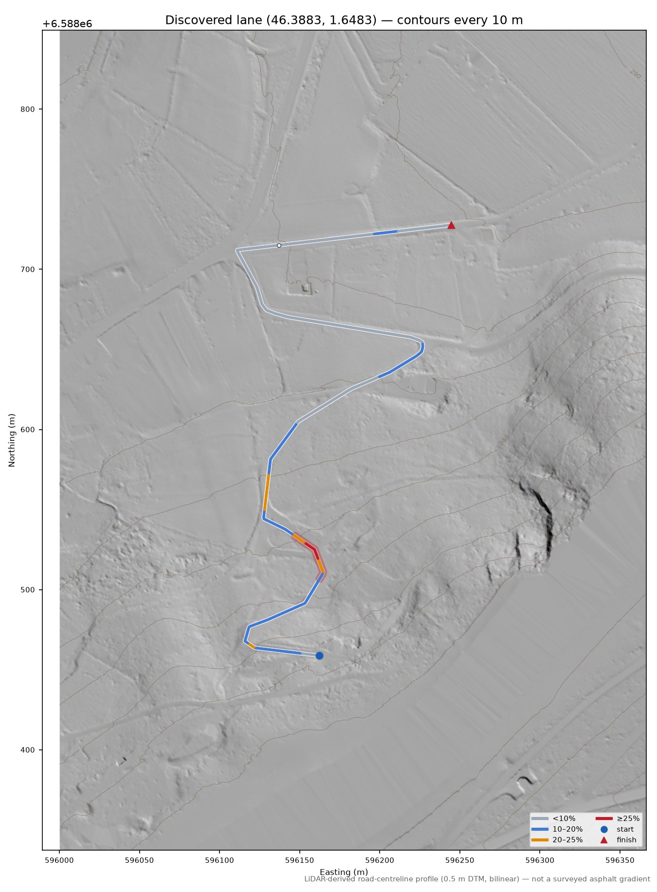 Discovered lane (46.3883, 1.6483) LiDAR hillshade map with contours
