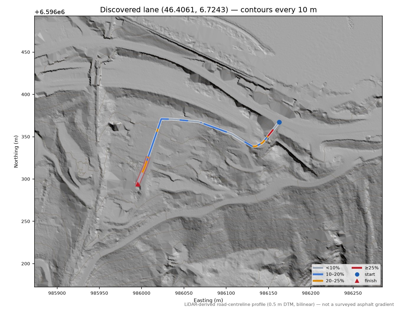 Discovered lane (46.4061, 6.7243) LiDAR hillshade map with contours