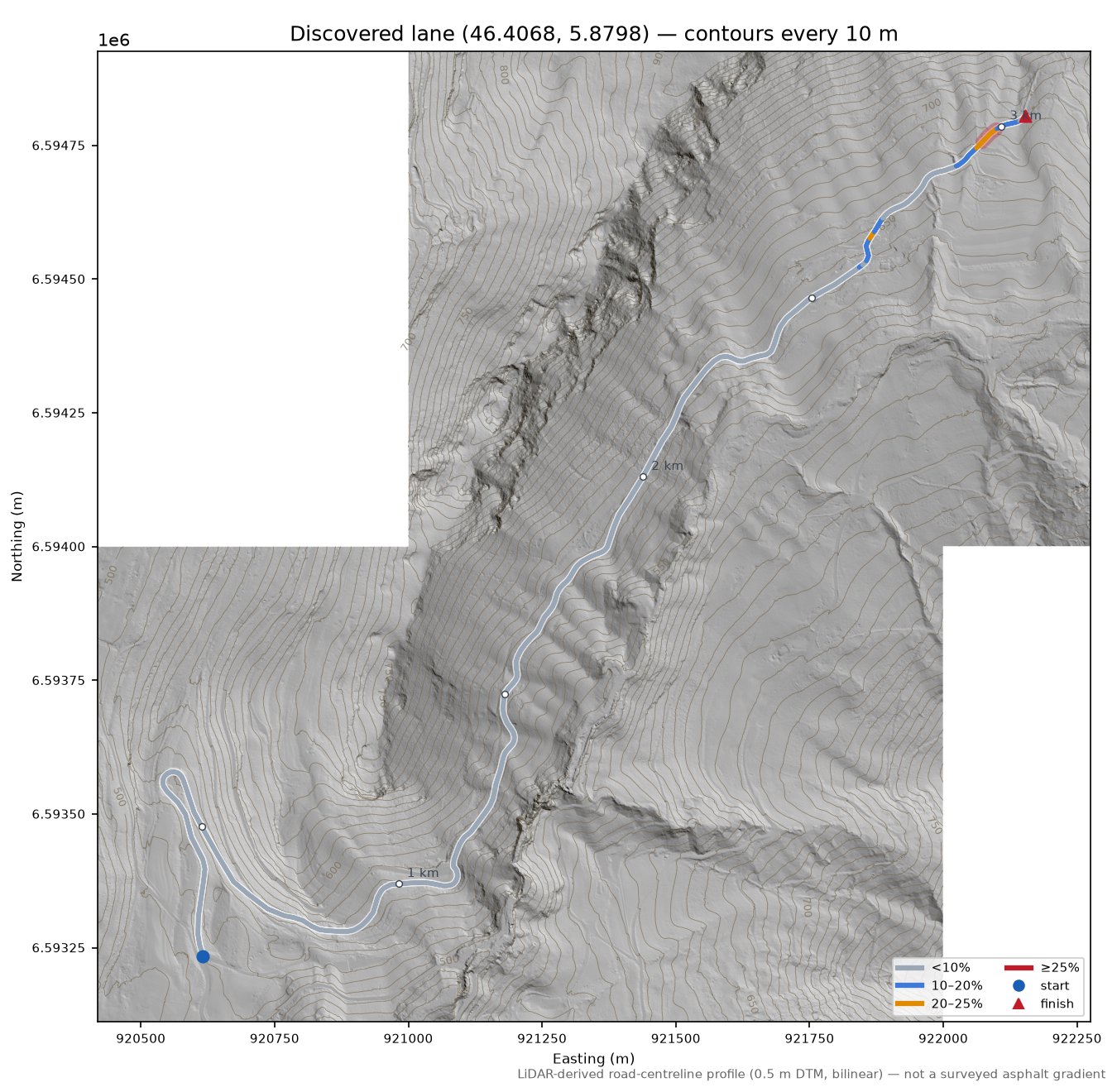 Discovered lane (46.4068, 5.8798) LiDAR hillshade map with contours