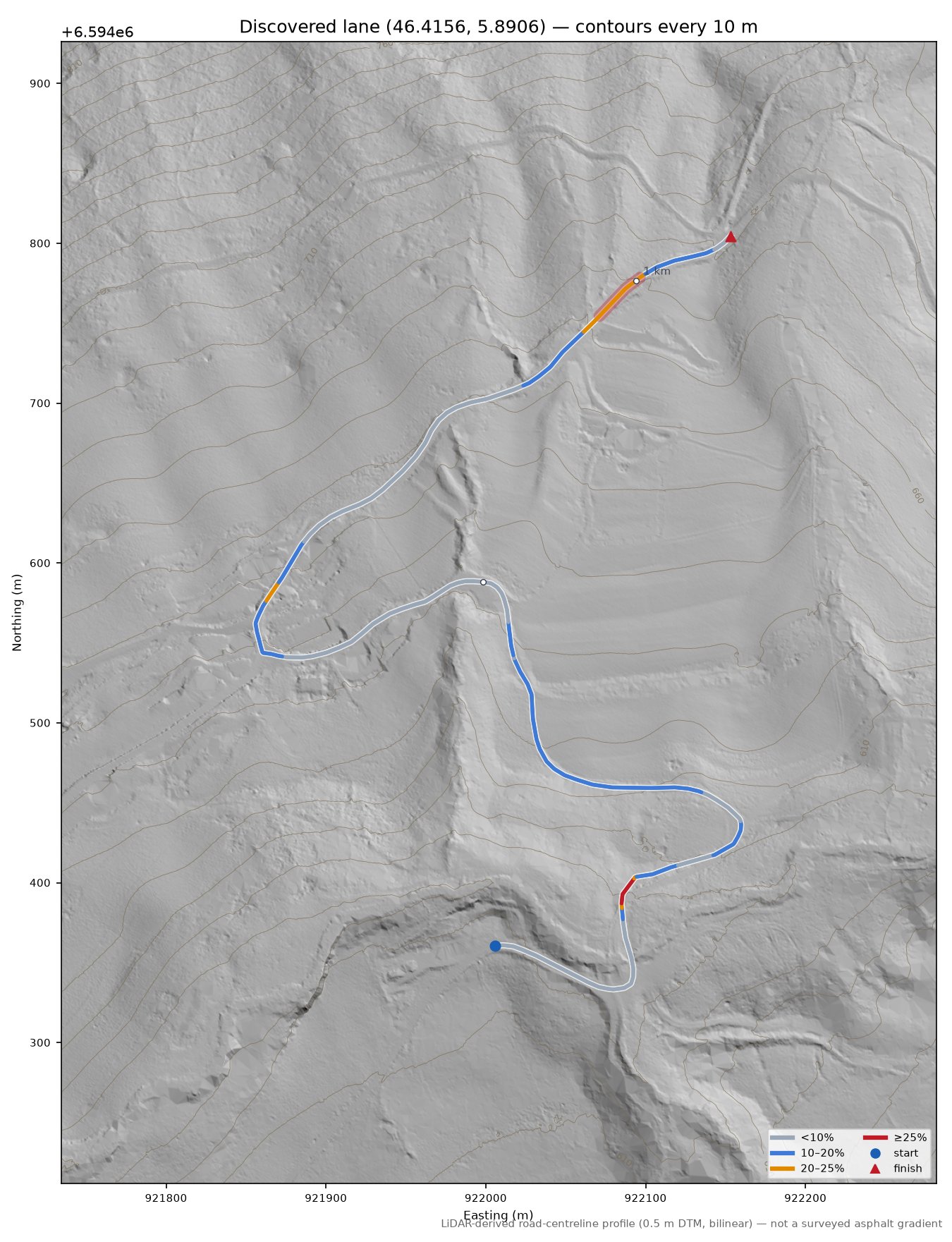 Discovered lane (46.4156, 5.8906) LiDAR hillshade map with contours