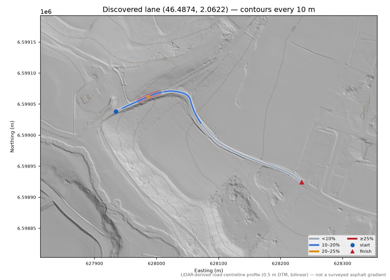 Discovered lane (46.4874, 2.0622) LiDAR hillshade map with contours