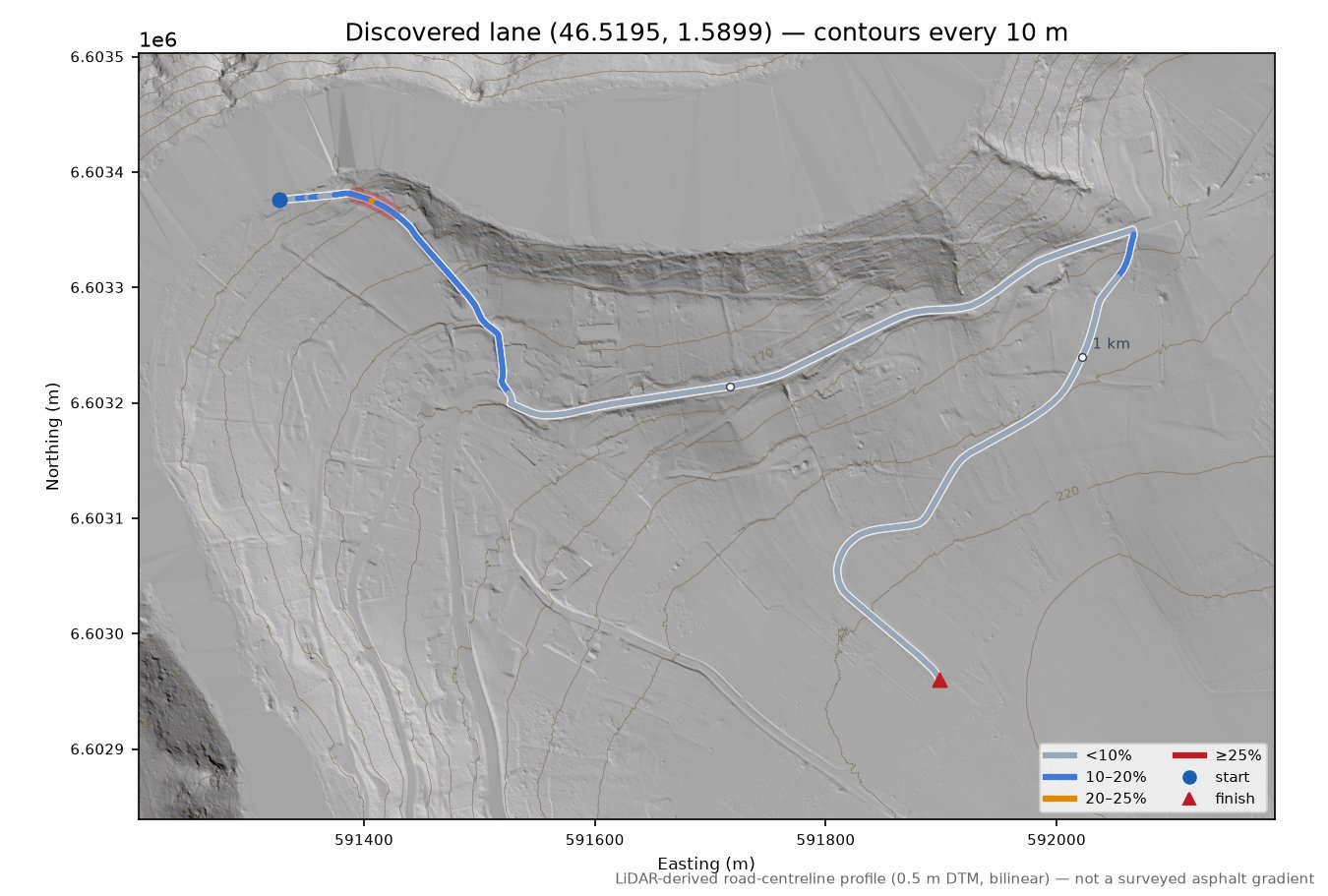 Discovered lane (46.5195, 1.5899) LiDAR hillshade map with contours