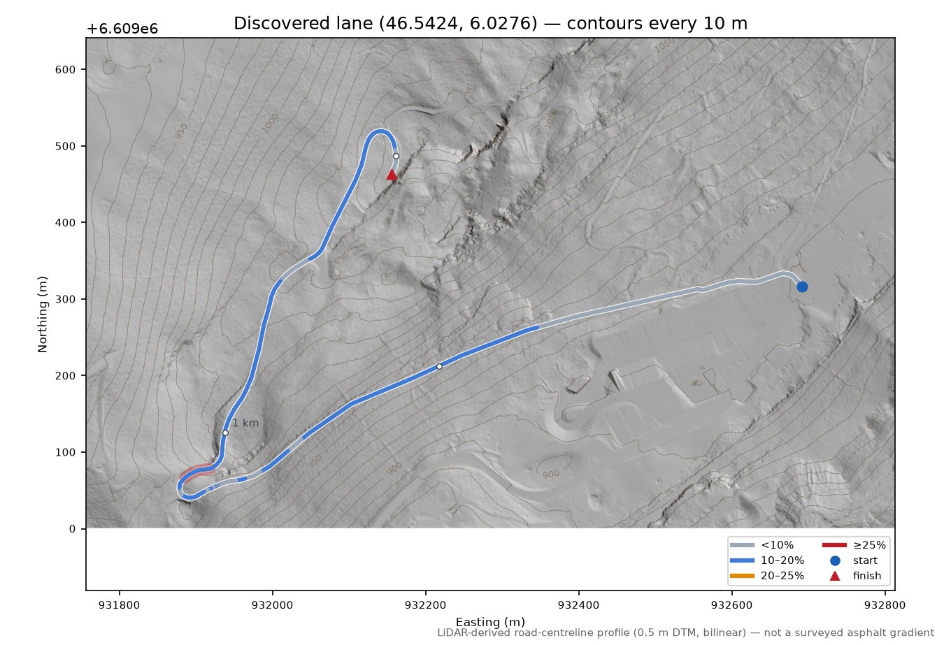 Discovered lane (46.5424, 6.0276) LiDAR hillshade map with contours