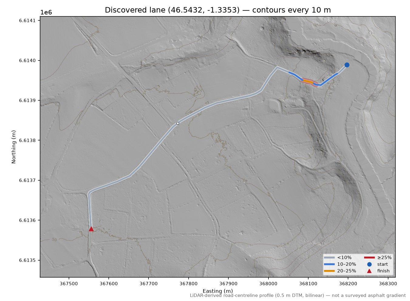 Discovered lane (46.5432, -1.3353) LiDAR hillshade map with contours