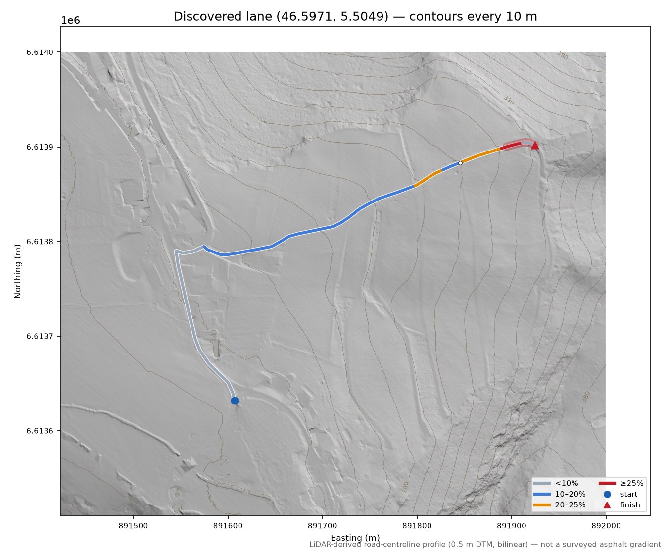 Discovered lane (46.5971, 5.5049) LiDAR hillshade map with contours