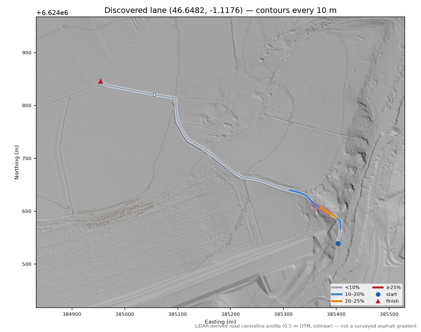 Discovered lane (46.6482, -1.1176) LiDAR hillshade map with contours
