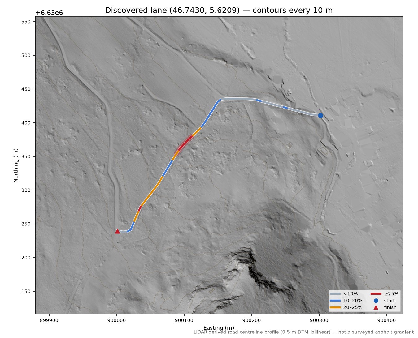 Discovered lane (46.7430, 5.6209) LiDAR hillshade map with contours