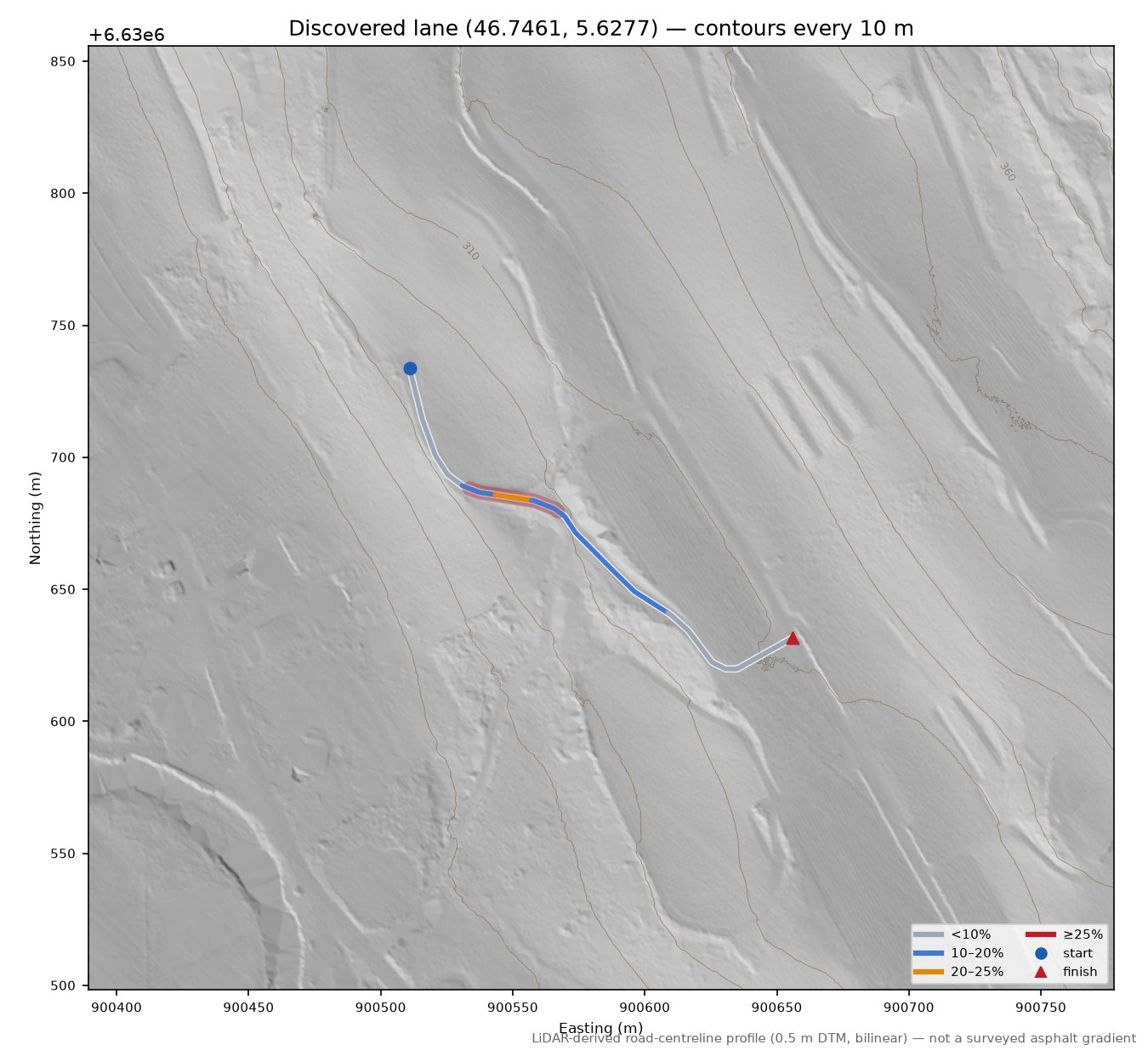 Discovered lane (46.7461, 5.6277) LiDAR hillshade map with contours