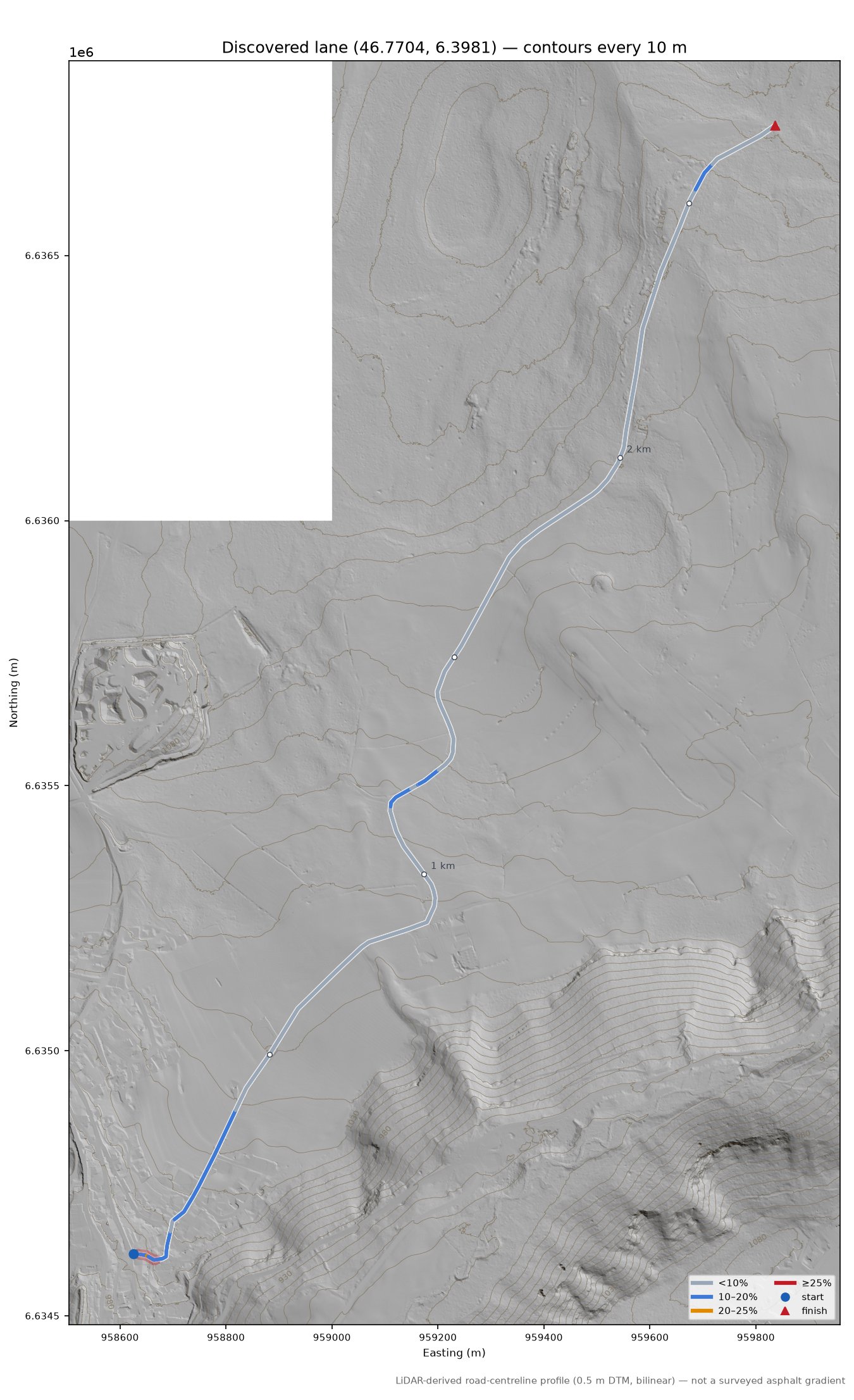 Discovered lane (46.7704, 6.3981) LiDAR hillshade map with contours