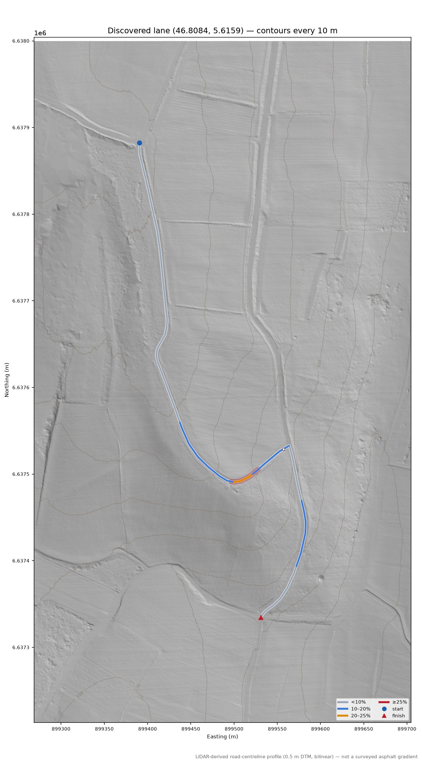Discovered lane (46.8084, 5.6159) LiDAR hillshade map with contours